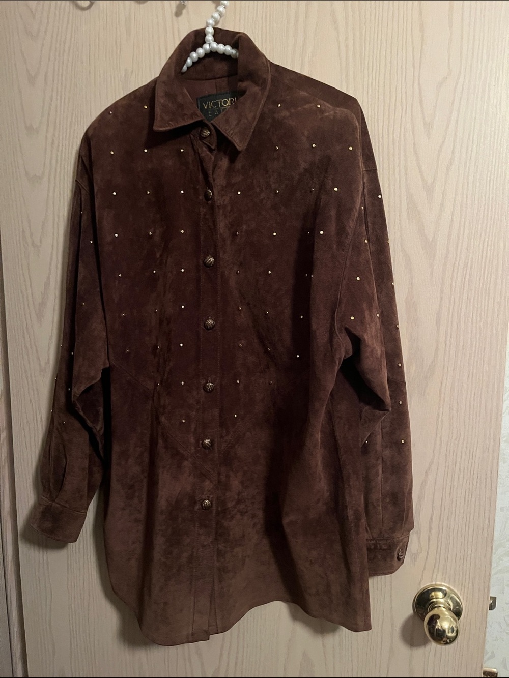 Brown Suede Button-Down Shirt with Stud Details